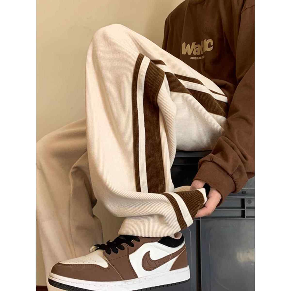 潮牌it neith BIAS条纹灯芯绒裤子男秋冬阔腿运动宽松直筒休闲裤