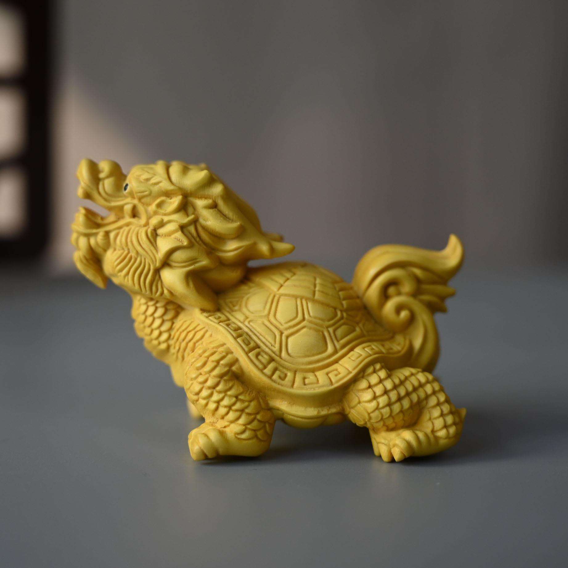 黄杨木龙龟手把件 实木木雕文玩工艺品神兽龙龟摆件家居办公装饰