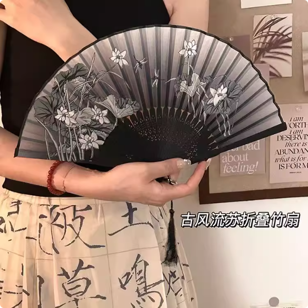 古风小扇子折扇中国风汉服女舞蹈折叠新中式黑色竹扇夏日随身便携