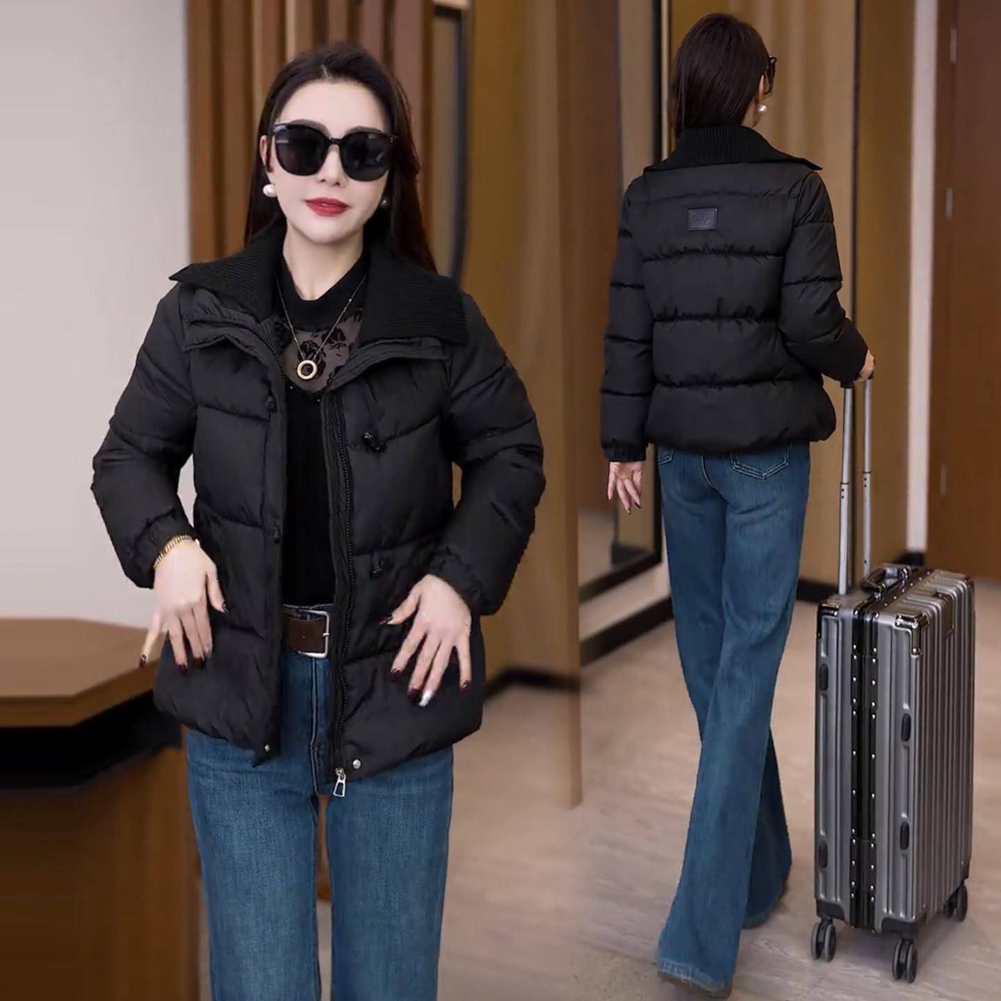 新品时尚针织翻领短款羽绒棉服女冬季新款洋气宽松加厚保暖棉袄外