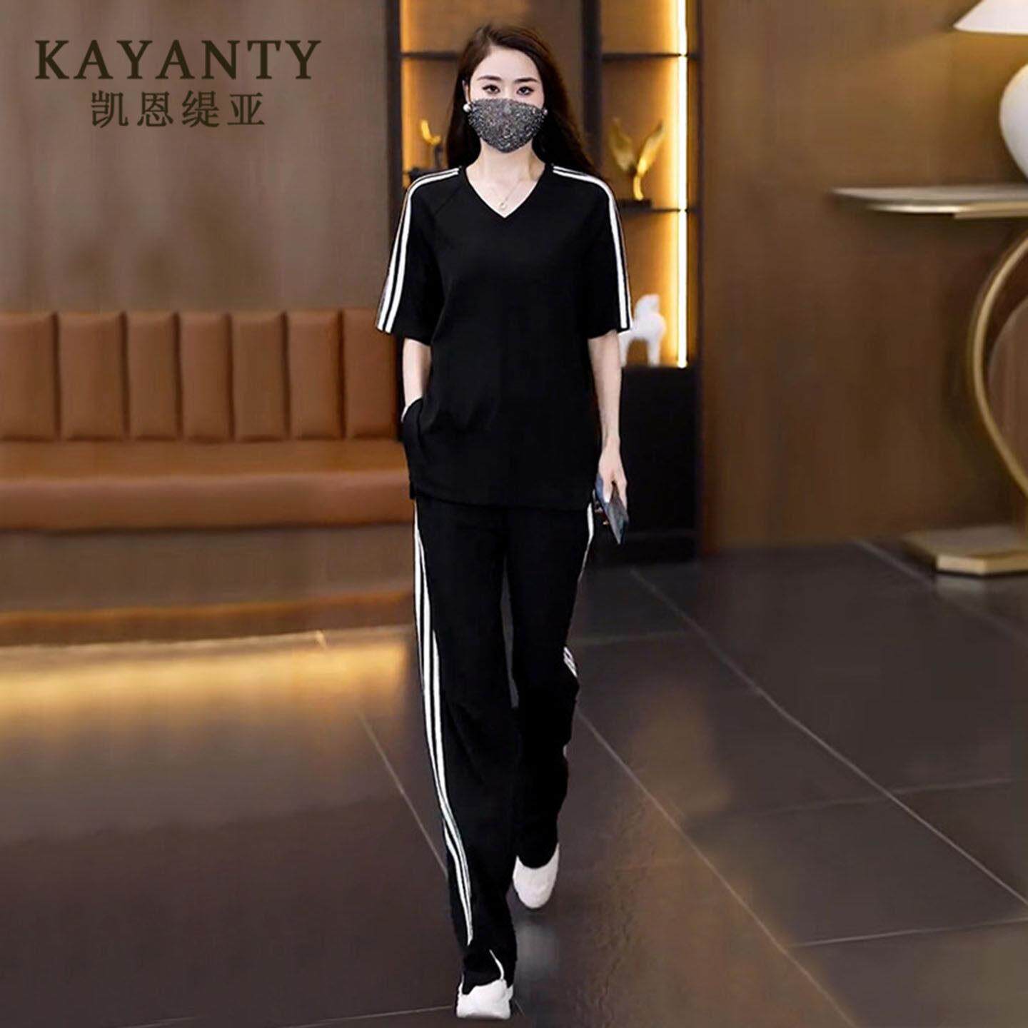 KAYANTY休闲运动套装女夏季新款宽松大码短袖阔腿裤时尚两件套
