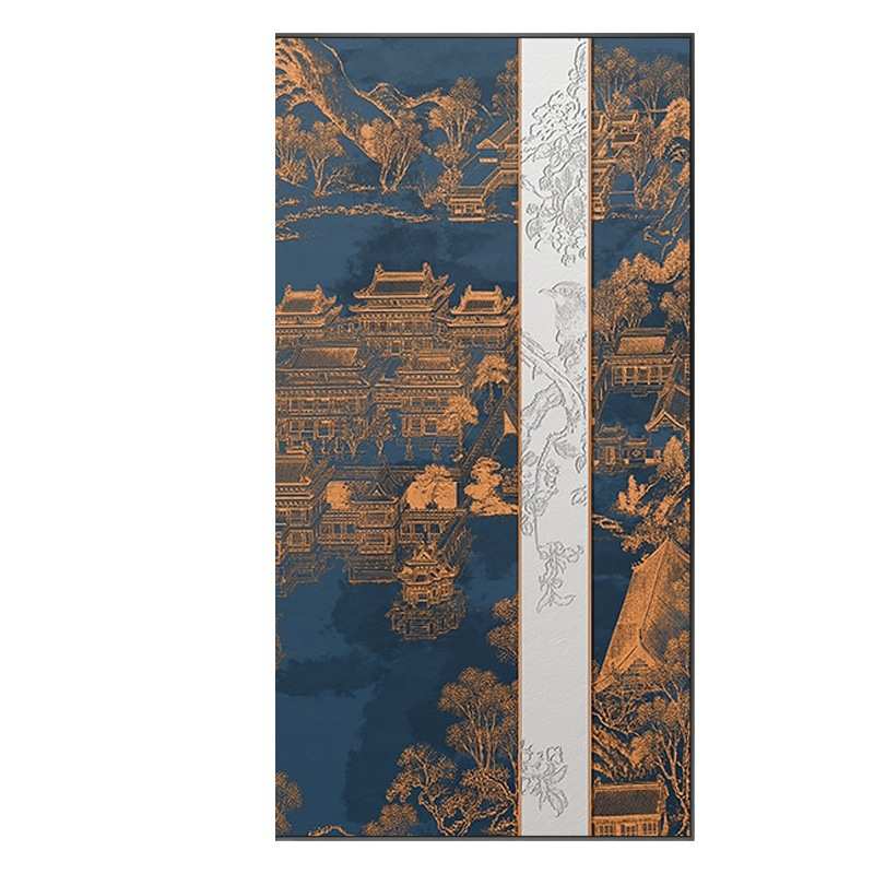 新中式客厅复古肌理油画立体浮雕山水建筑装饰画入户玄关书房壁画图片