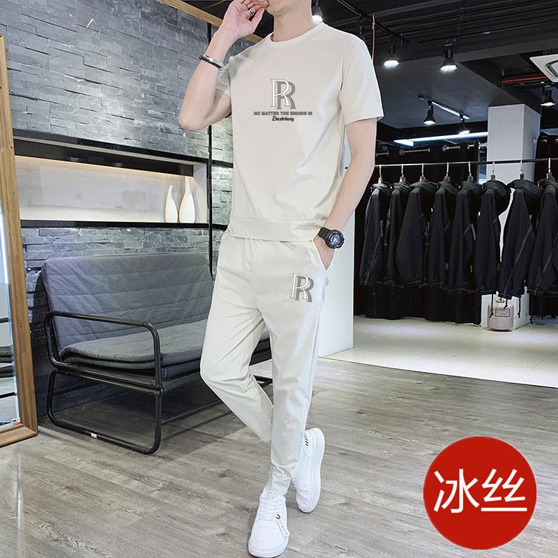 夏季新款运动服套装男休闲宽松潮流帅气冰丝短袖夏天男装裤子潮牌