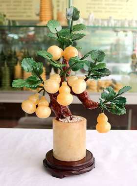 玉石葫芦盘景摆件手工艺品客厅玄关家居装饰品礼品天然创意玉器