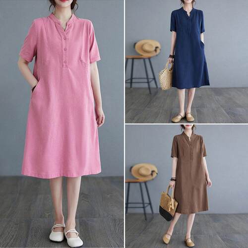 V-neck short sleeved dress for women, medium length