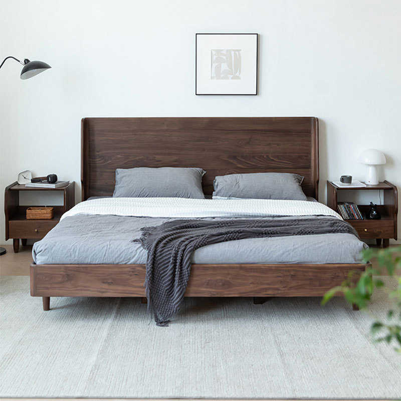 北欧黑胡桃木双人床现代简约轻奢原木主卧1.51.8米婚床全实木大床