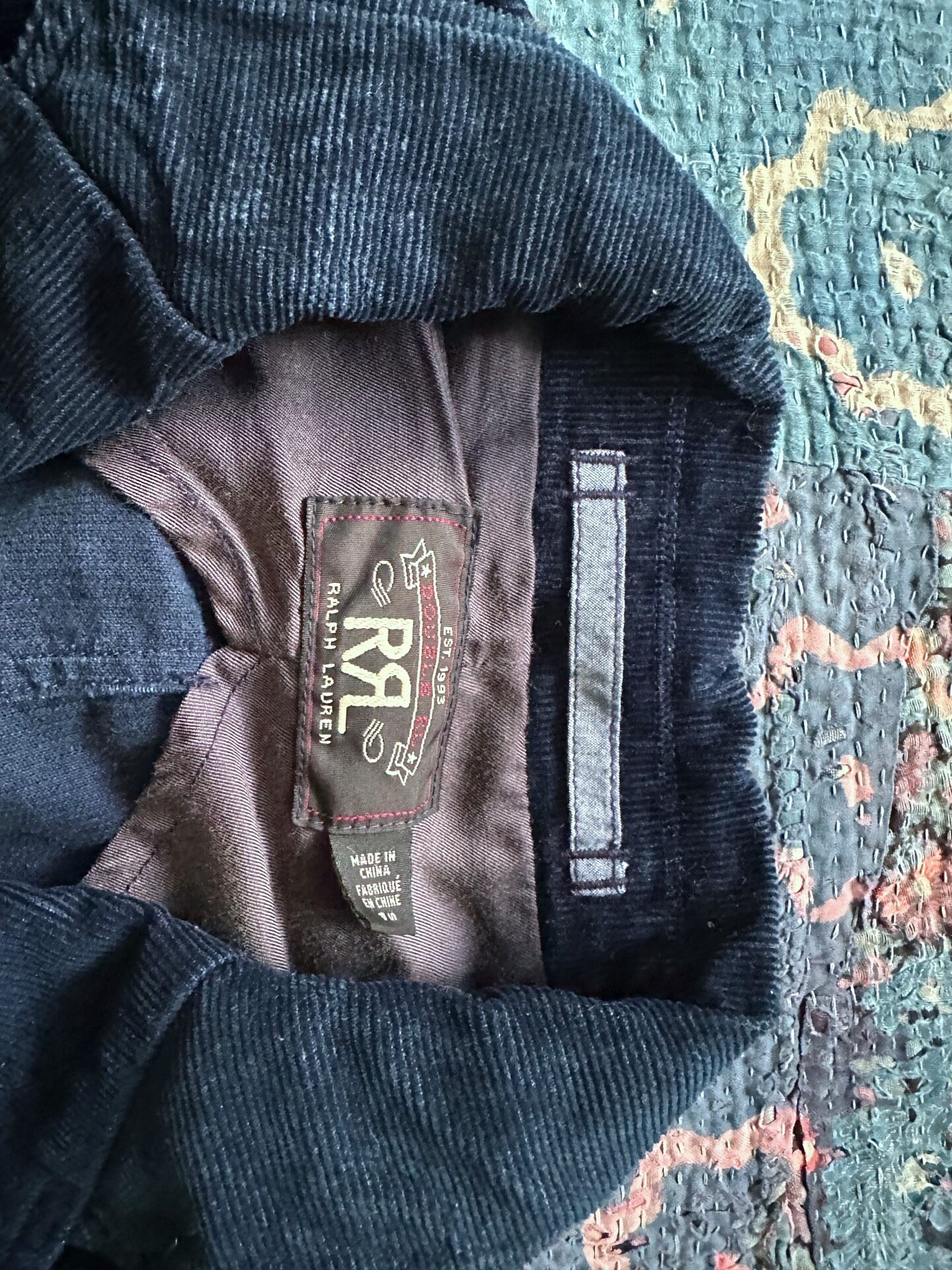 RRL Dark Blue Corduroy Striped Blazer — label