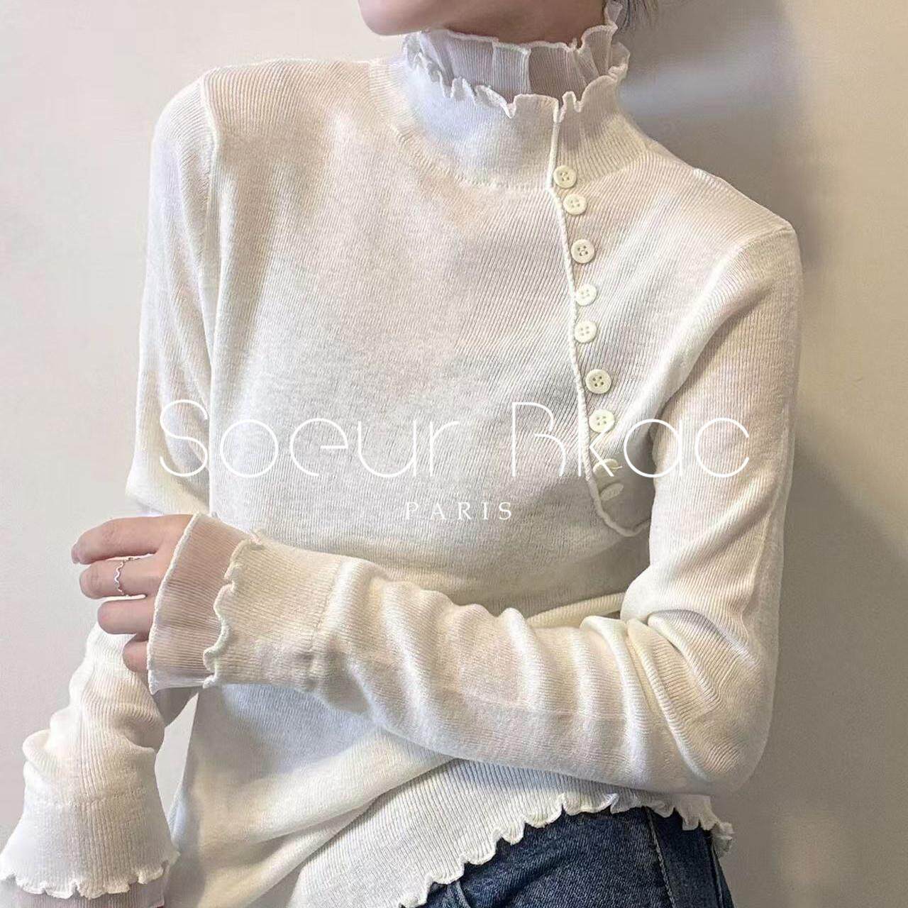 法国SOEUR BKAC春季法式木耳边蕾丝拼接针织衫女简约风毛衣打底衫
