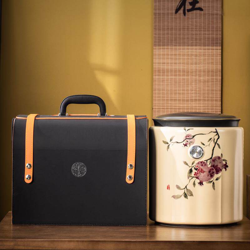 佳客陶瓷茶叶罐大号357克普洱茶7饼罐礼品套装湿度计密封储存茶缸