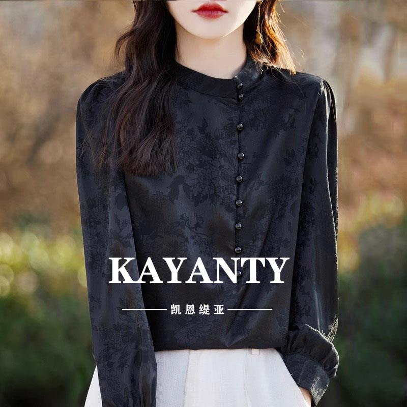 KAYANTY中式国风衬衫长袖秋季新款小立领高级感轻奢缎面衬衫小衫