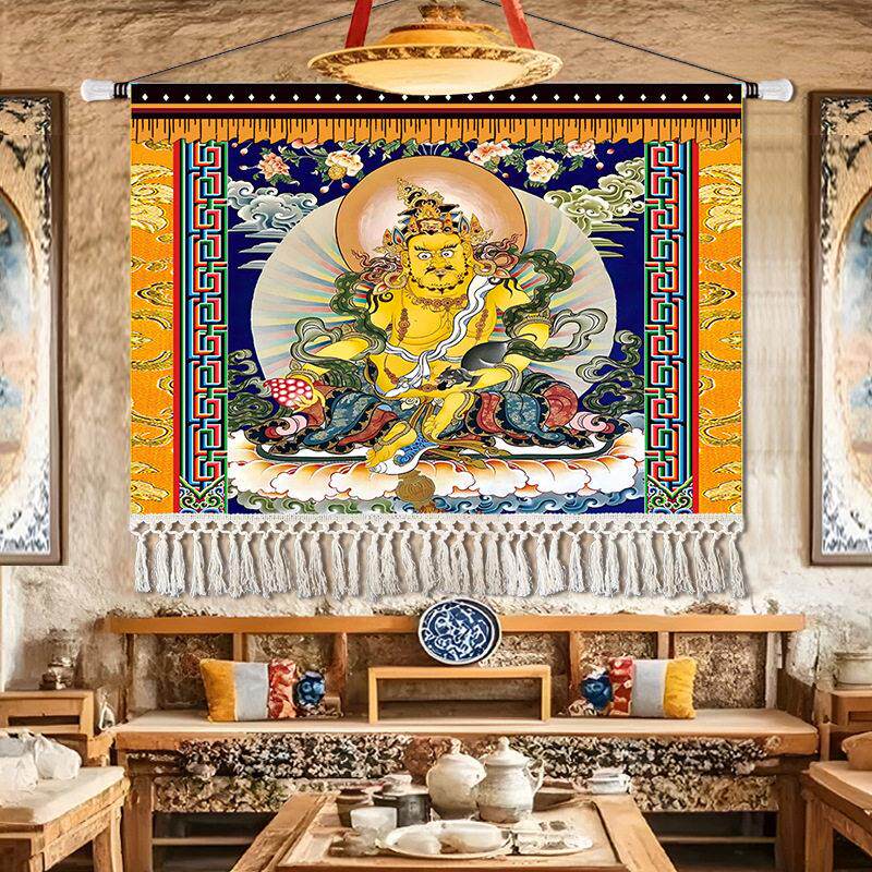 藏式唐卡黄财神佛像布艺挂画装饰画墙布玄关过道背景挂布中式挂毯