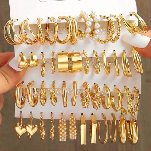 Gold Color Pearl Hoop Earrings Set Metal Dangle Earrings Vin