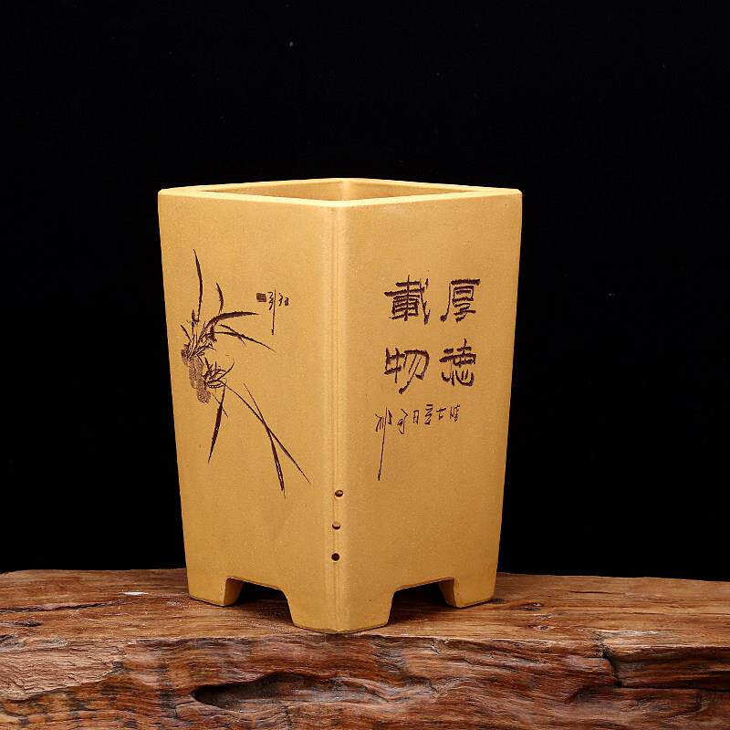 紫砂兰花盆段泥方形桌面高档盆景盆四方签筒文竹蝴蝶兰君子兰包邮