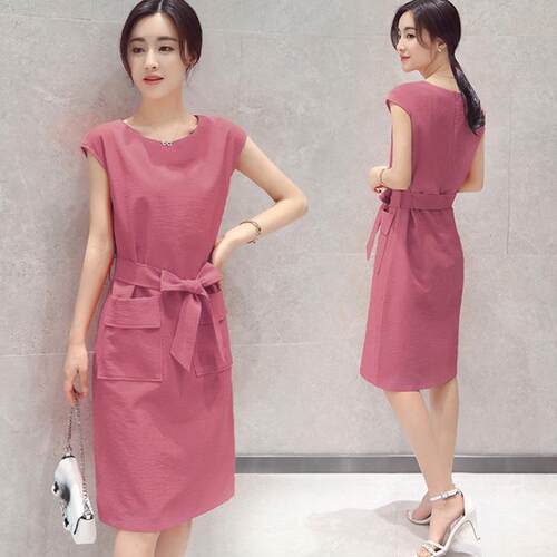 Large size slimming mid length short sleeved dress, cotton