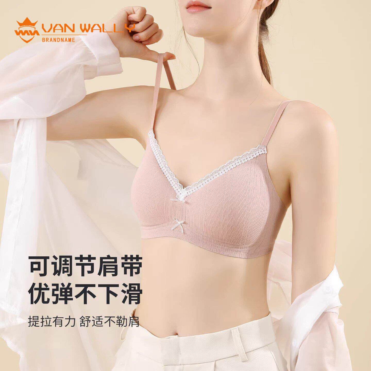 VAN WALLY内衣女小胸聚拢纯欲蕾丝碎花防滑细肩带胸罩美背文胸
