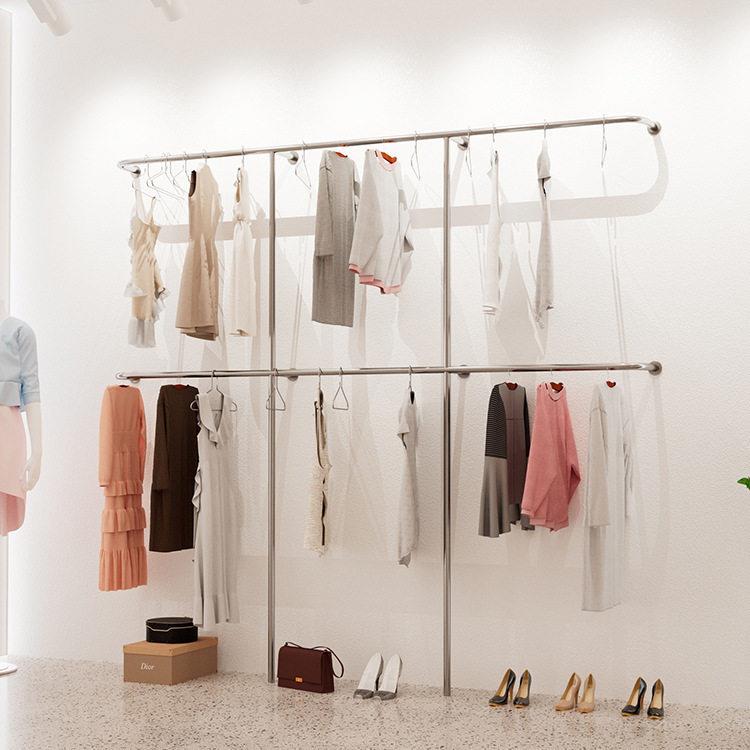 女装服装店展示架上墙不锈钢货架网红壁挂式童装陈列架双层挂衣架