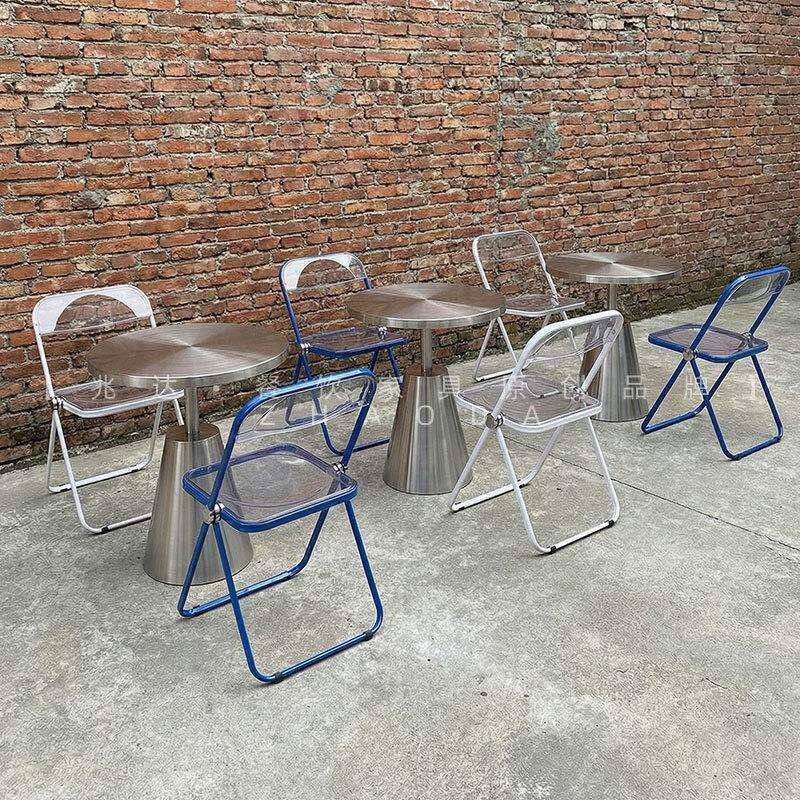 工业风咖啡桌网红餐桌不锈钢阳台茶几创意圆桌奶茶店亚克力折叠椅