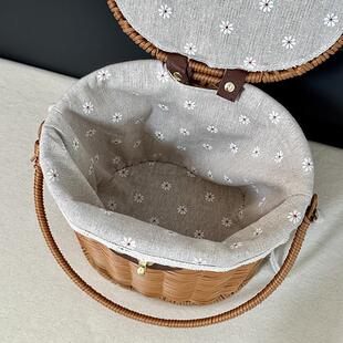 车盖带藤编篮现货筐筐仿折叠篮子放水收纳果野餐内衬编织手提手工