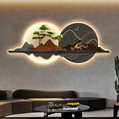 新中式客厅装饰画壁灯发光LED灯画沙发背景墙挂画迎客松轻奢壁画