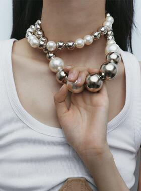 Silver white round pearl necklace with cool style, double