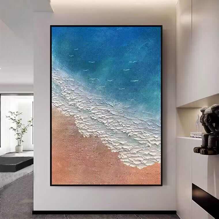 手工油画立体砂岩肌理画海景沙滩风景现代玄关装饰画客厅沙发背景