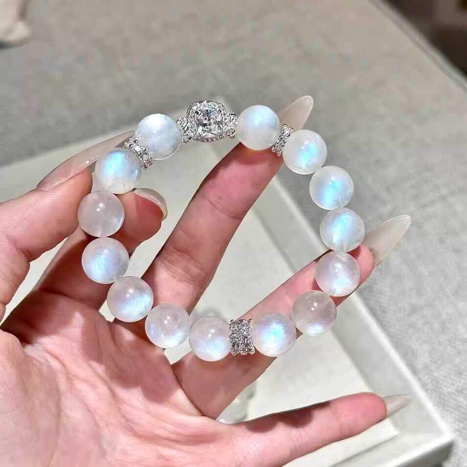 新款唯美白月光手串人造蓝光白月光石水晶手链海蓝宝石招财招桃花