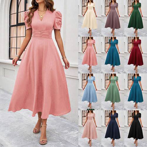 Womens Plain Ruched Puff Sleeve V Neck A Line Dress Elegant