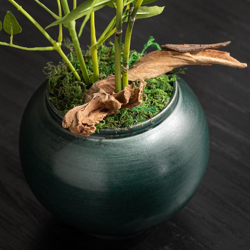 侘寂风仿真绿植摆件新中式禅意墨绿色盆景花瓶酒店装饰花艺