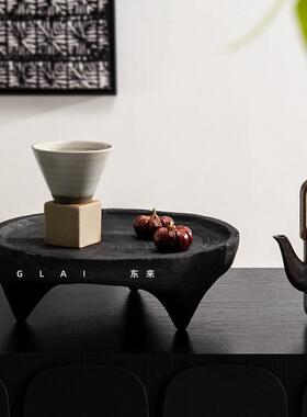 侘寂风碳化木托 托盘中古风法式圆形茶盘小茶台果盘飘窗边几装饰