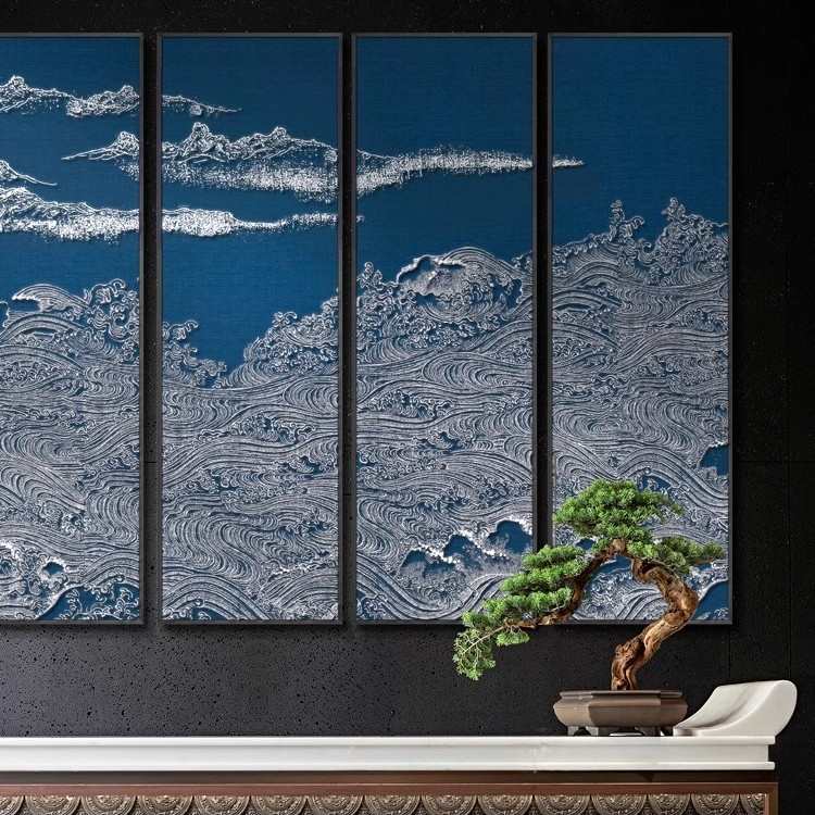 玄关茶室高档浮雕红色壁画客餐厅酒店书房中堂新中式多联装饰挂画图片