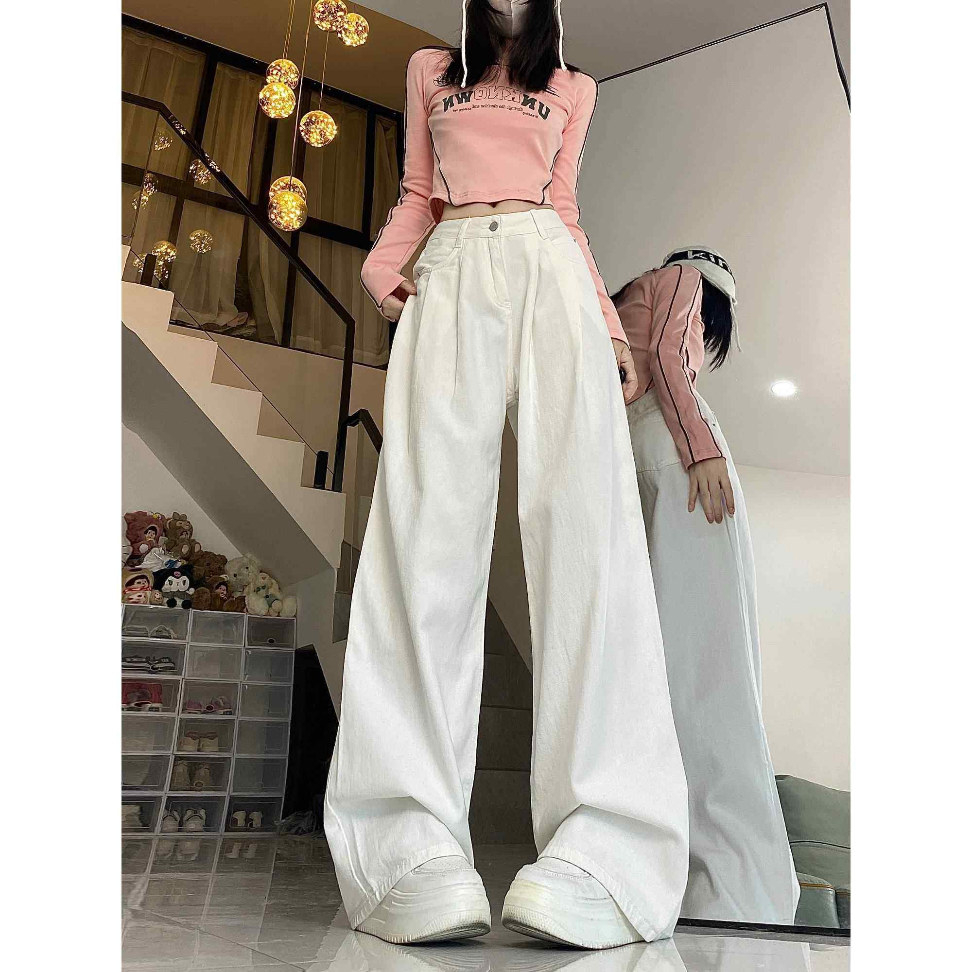 秋季直筒牛仔裤女白色垂感大码胖MM季2025新款高级感休闲阔腿裤