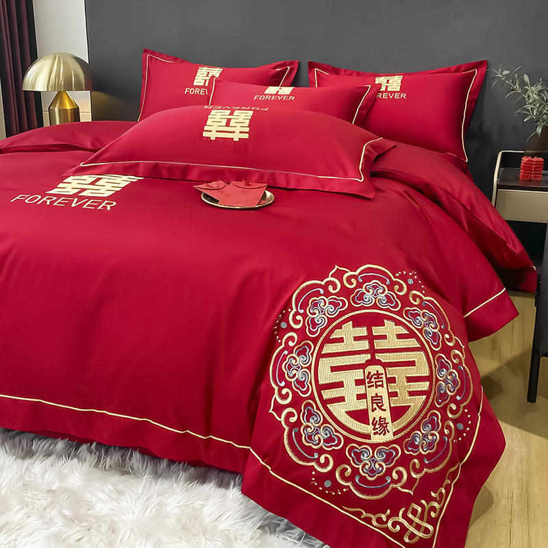 棉床上用品件套房被套婚庆欧式四高档磨毛大红色结婚婚陪嫁刺绣