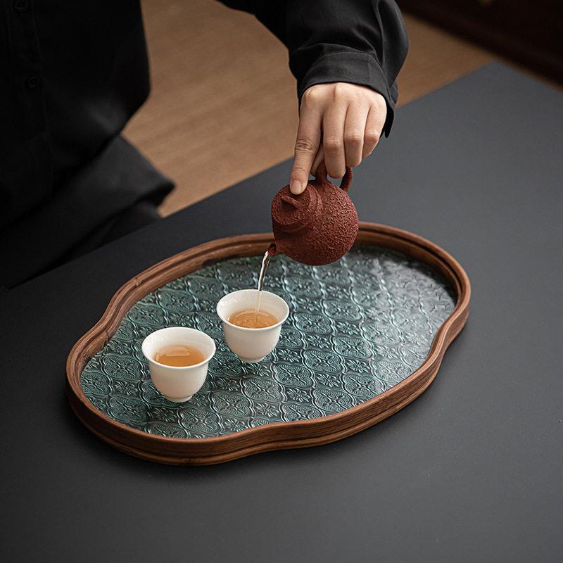 新中式圆角海棠玻璃托盘创意家用客厅竹制茶盘水果点心收纳奉茶礼