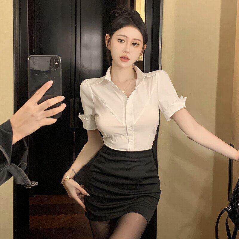 白色性感收腰衬衫包臀裙前台空姐秘书制服气质工作服职业套装女夏