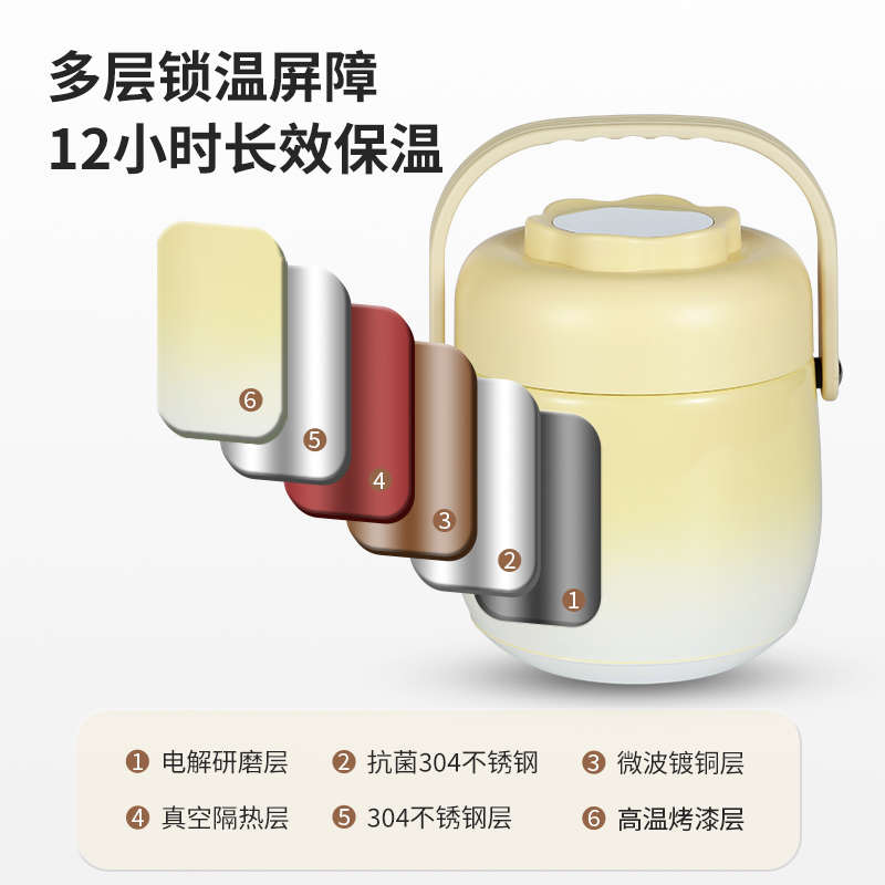 渐变304食品级真空保温提锅不锈钢分层保温桶学生上班族便携饭盒