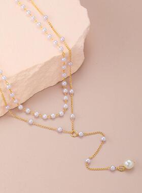 Pearl tassel double layered necklaceY型珍珠流苏双层项炼叠戴