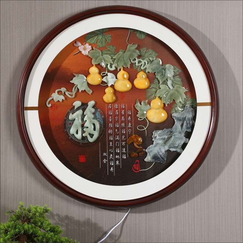 客厅装饰画新中国风走廊过道入口挂画餐厅圆壁画玉雕浅玻璃画