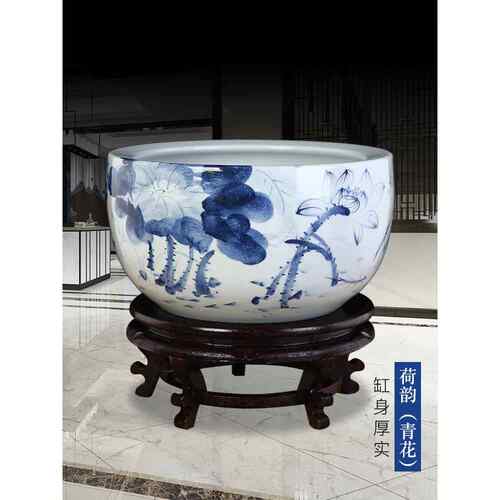 景德镇陶瓷鱼缸金鱼龟缸鱼盆家居客厅青花瓷特大荷花睡莲缸