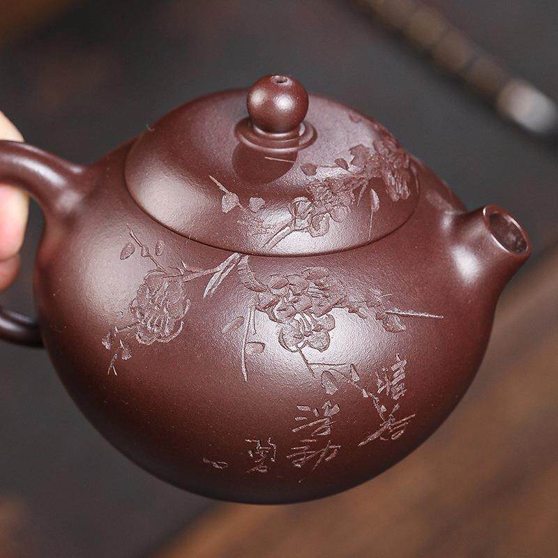 宜紫砂壶名兴家全纯手工壶刻绘原矿紫泥壶寒香文ZS-8471旦泡茶茶