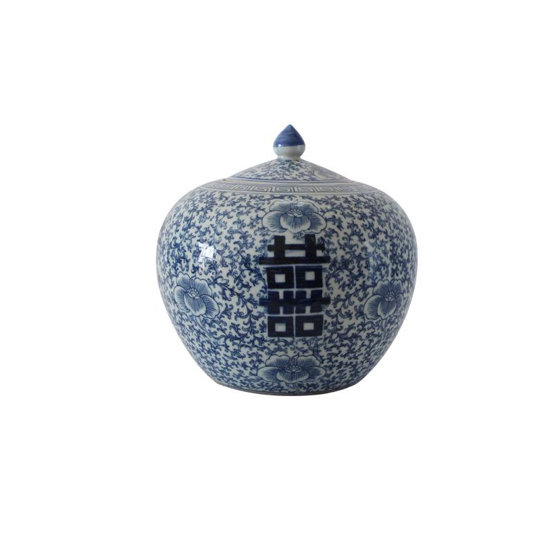 青花瓷喜字陶瓷花瓶中式陶瓷花瓶花盆插花复古摆件新房储物罐带盖