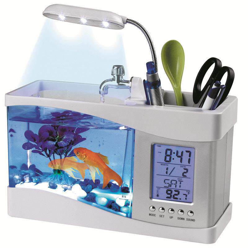 迷你鱼缸养鱼水族家庭桌面小饰品台灯多功能Led闹钟闹钟