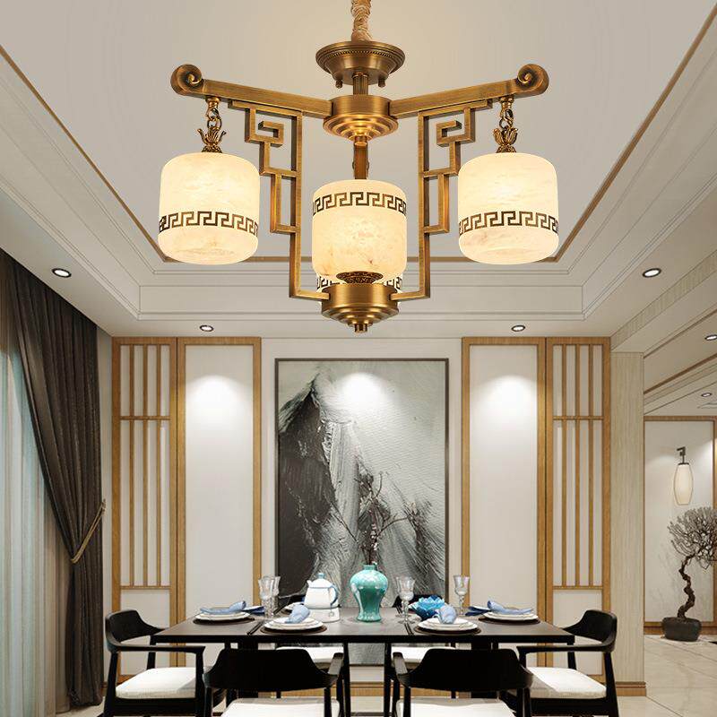 新中式全铜蜡烛客厅吊灯云石现代简约朝下灯罩餐厅卧室饭厅新款