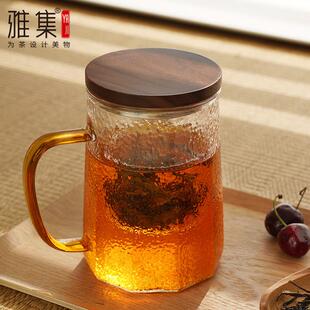 雅集茶具筑茗杯胡桃木盖覆古玻璃杯耐高温泡茶杯家用办公水杯子