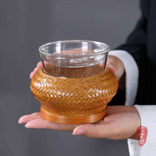 竹编壶承建水大漆茶洗水盂高硼硅玻璃复古花瓶茶桌茶渣缸茶具
