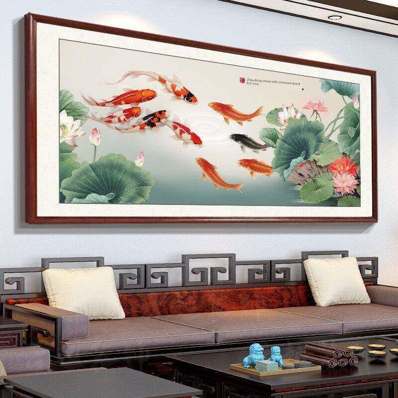 2025新款高档中堂挂画荷花九鱼聚财图新中式客厅装饰沙发背景墙壁