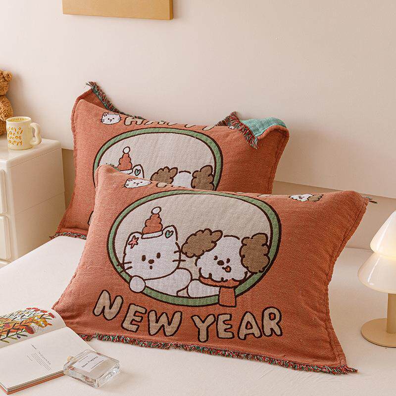 新年喜庆大红枕套婚庆全棉流苏款四层纱布枕巾全棉纱布枕头套子