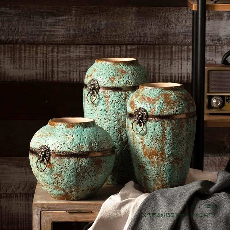 景德镇现代简约手工粗陶罐坛子花瓶插花干花做旧仿古花盆三件套