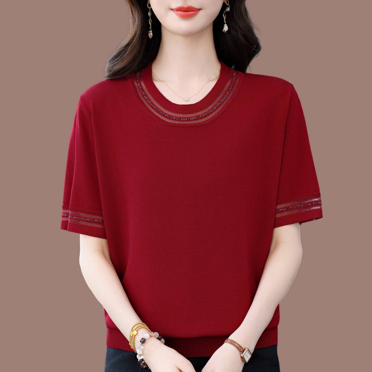 中年妈妈装桑蚕丝短袖t恤女2026新款夏季薄款洋派冰丝针织衫上衣