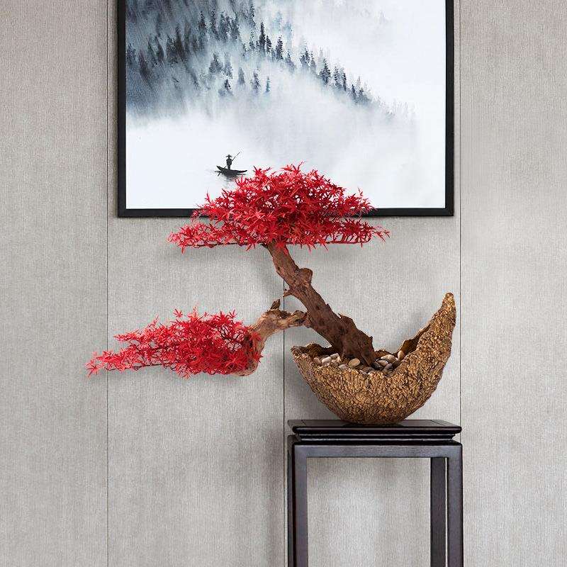 仿真迎客松红枫叶树盆景酒店过道走廊玄关日式新中式植物盆栽摆件