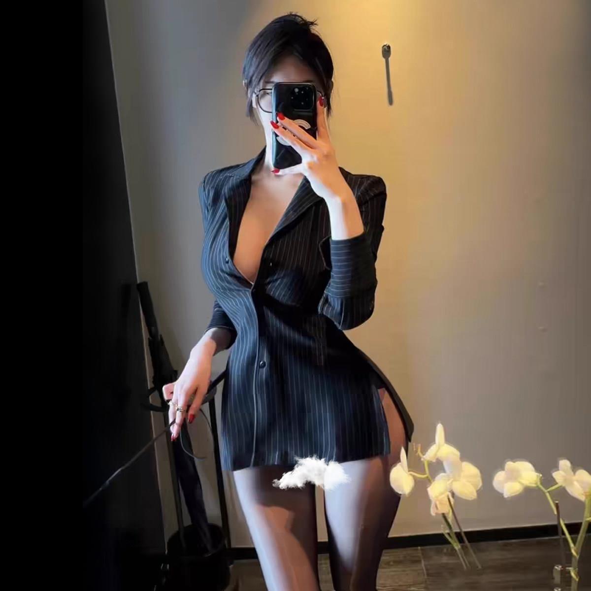 性感御姐领翻领修身条纹衬衫辣妹夜店酒吧长袖纽扣设计收腰上衣